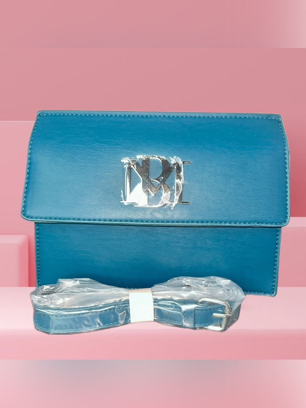 Badgley Mischka Aqua Leather Crossbody Bag with Silver Logo NWT